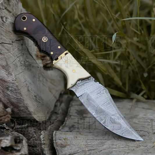 10 Custom Hand Forged Damascus Steel Full Tang Hunting Knife - Wood & Bone Handle H-027 Skinner