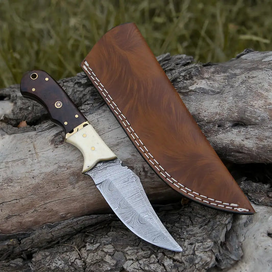 10 Custom Hand Forged Damascus Steel Full Tang Hunting Knife - Wood & Bone Handle H-027 Skinner