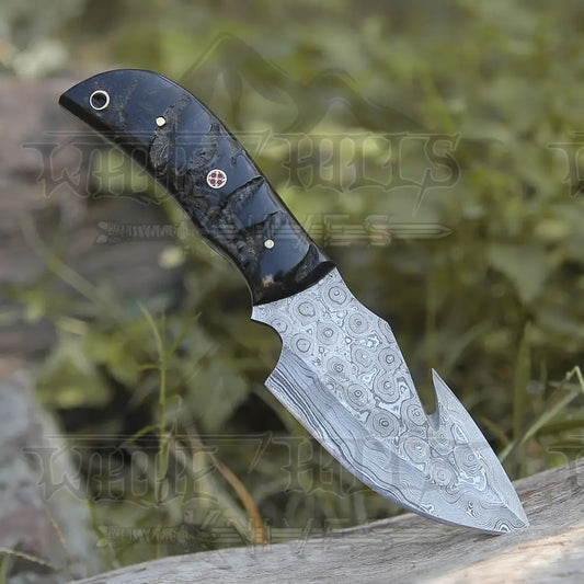 10 Custom Hand Forged Damascus Steel Full Tang Skinner Knife With Gut Hook - Ram Horn Handle