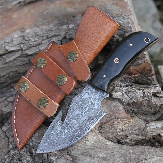 10 Custom Hand Forged Damascus Steel Full Tang Skinner Knife With Gut Hook - Ram Horn Handle