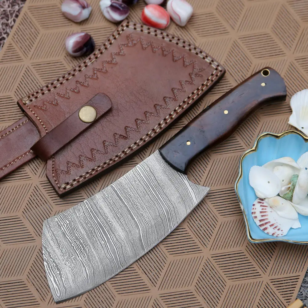 10 Damascus Chef Meat Cleaver with Dark Wood Handle & Leather