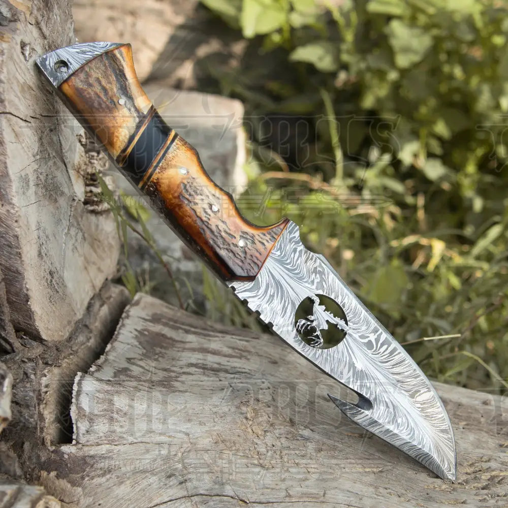 11 Custom Hand Forged Damascus Steel Full Tang Skinner Knife With Gut Hook - Stag Handle