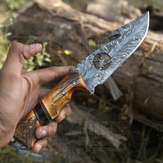 11 Custom Hand Forged Damascus Steel Full Tang Skinner Knife With Gut Hook - Stag Handle