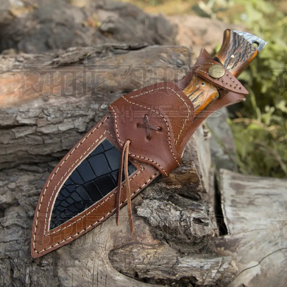 11 Custom Hand Forged Damascus Steel Full Tang Skinner Knife With Gut Hook - Stag Handle