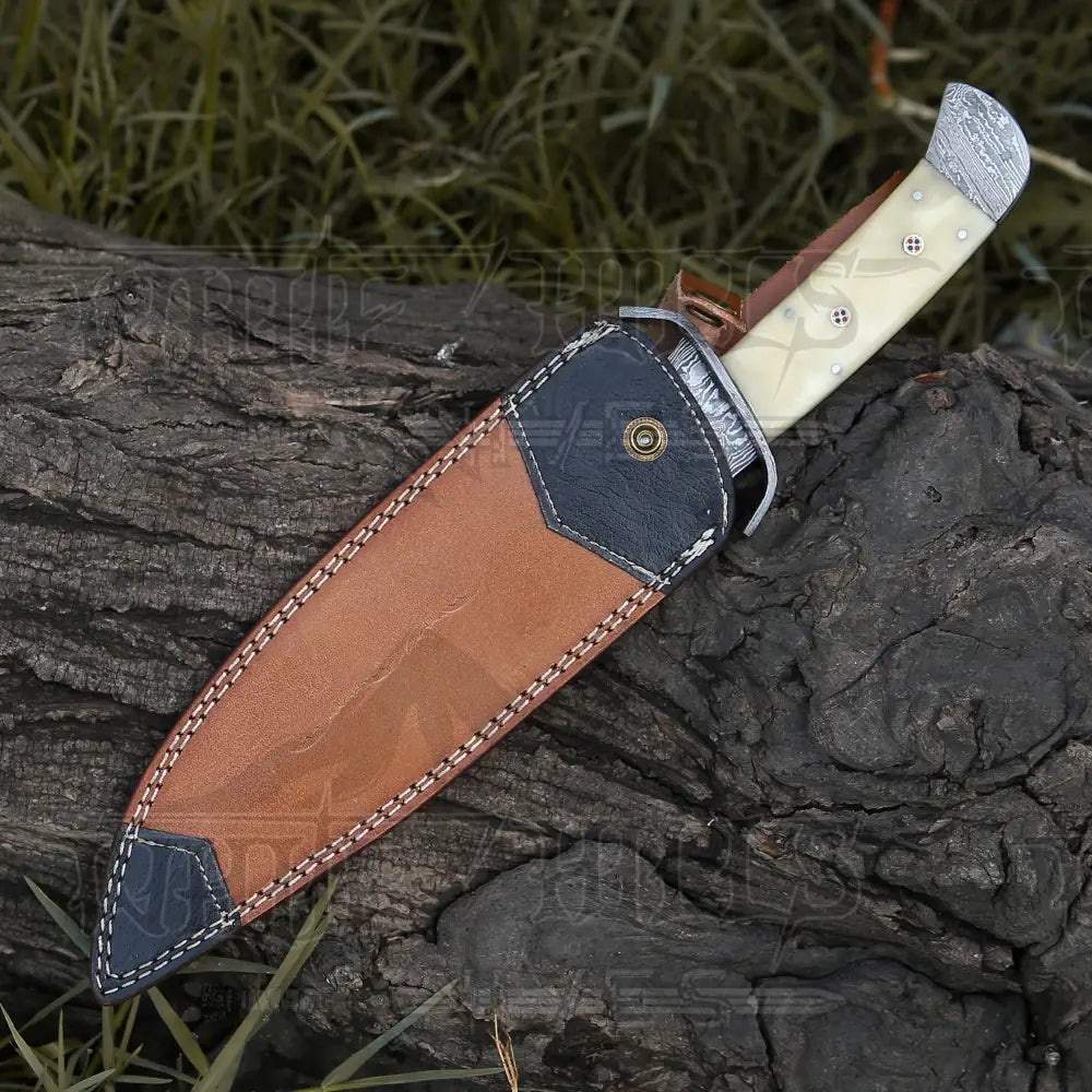 15 Handmade Damascus Steel Bowie Knife- Full Tang - Camel Bone Handle Knife