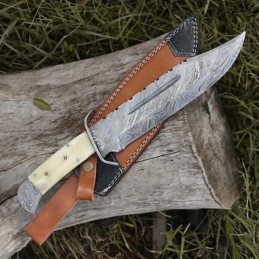 15 Handmade Damascus Steel Bowie Knife- Full Tang - Camel Bone Handle Knife