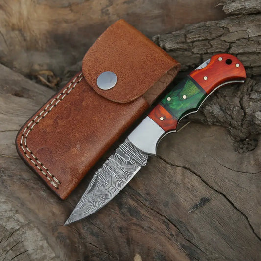 6.5 Handmade Damascus Pocket Knife - Folding Color Wood Handle Wh 5032