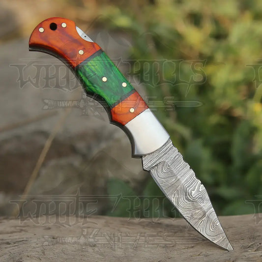 6.5 Handmade Damascus Pocket Knife - Folding Color Wood Handle Wh 5032