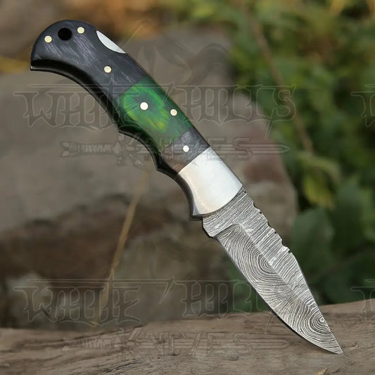 6.5 Handmade Damascus Pocket Knife - Folding Color Wood Handle Wh 5034