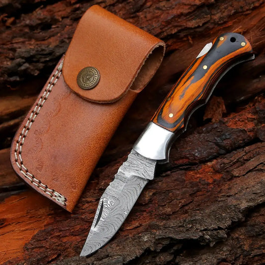 6.5 Handmade Damascus Pocket Knife - Folding Colored Wood Handle Wh 5042