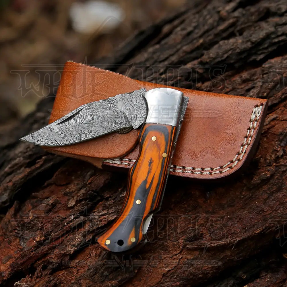 6.5 Handmade Damascus Pocket Knife - Folding Colored Wood Handle Wh 5042