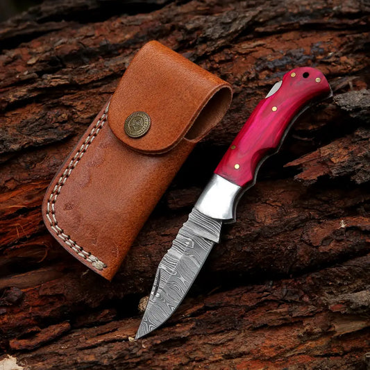 6.5 Handmade Damascus Pocket Knife - Folding Red Wood Handle Wh 5040