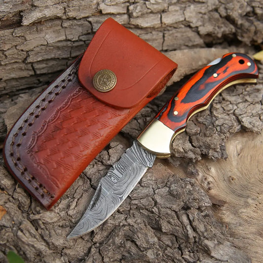 6.5 Handmade Damascus Pocket Knife - Folding Stained Wood Handle Wh 5028
