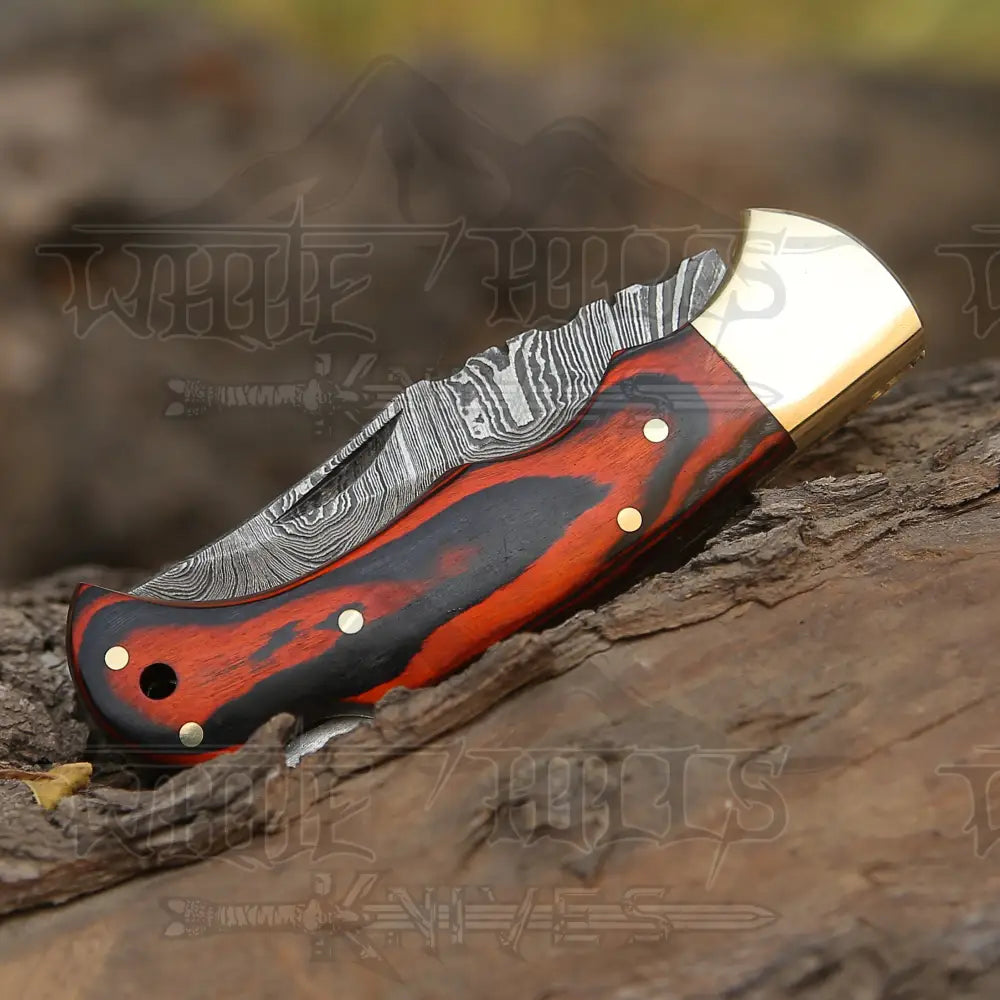 6.5 Handmade Damascus Pocket Knife - Folding Stained Wood Handle Wh 5028