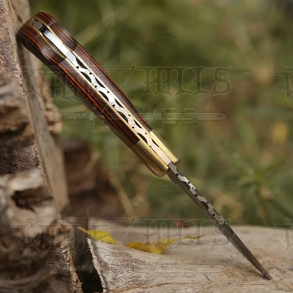 6.5 Handmade Damascus Pocket Knife - Folding Stained Wood Handle Wh 5029