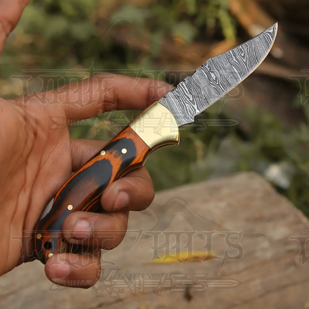 6.5 Handmade Damascus Pocket Knife - Folding Stained Wood Handle Wh 5029