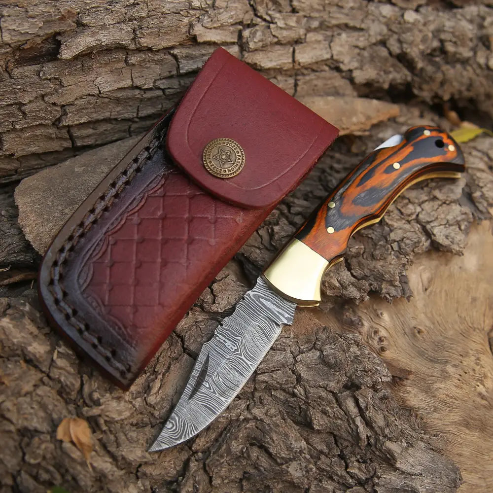 6.5 Handmade Damascus Pocket Knife - Folding Stained Wood Handle Wh 5029