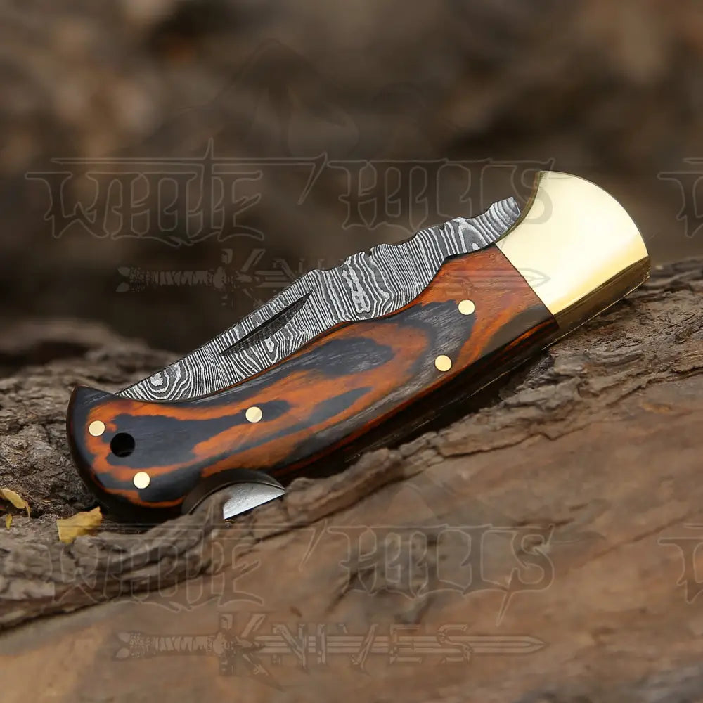 6.5 Handmade Damascus Pocket Knife - Folding Stained Wood Handle Wh 5029