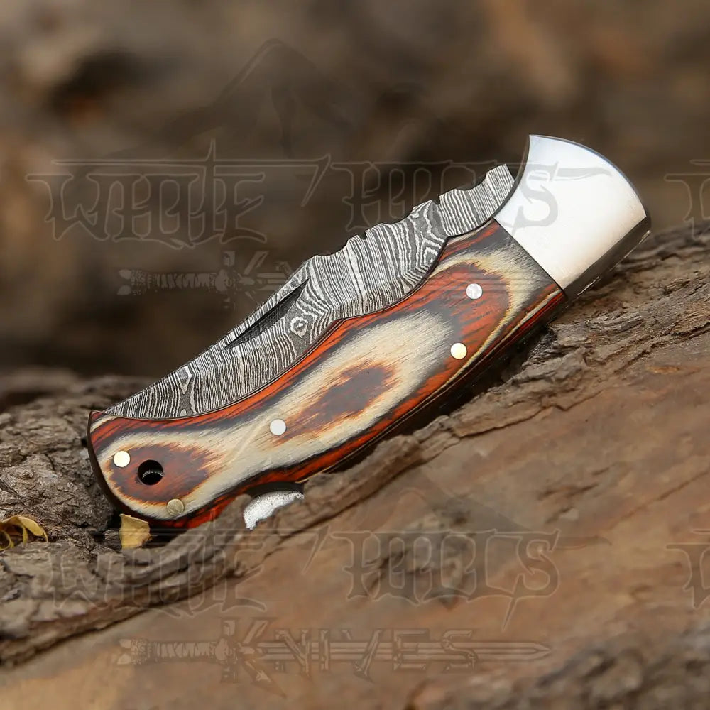 6.5 Handmade Damascus Pocket Knife - Folding Stained Wood Handle Wh 5030