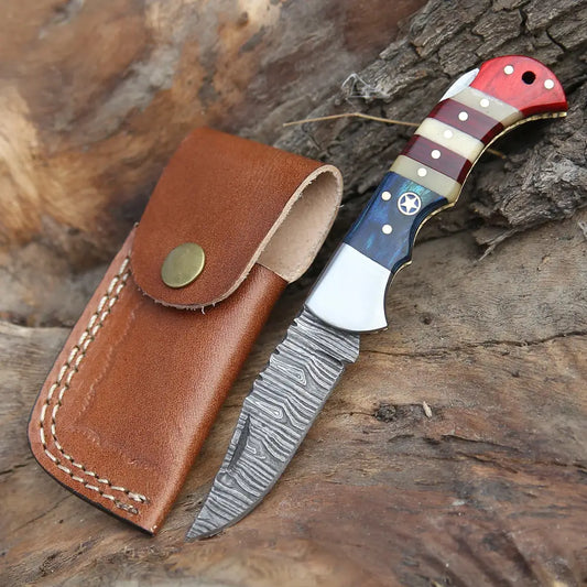 6.5 Handmade Damascus Pocket Knife - Folding Texas Flag Handle Wh 5031