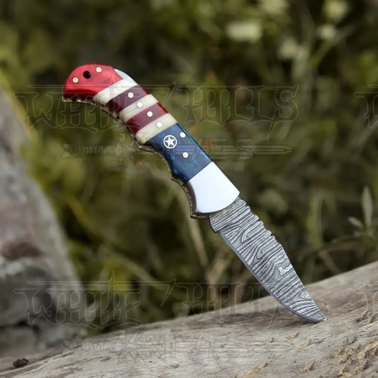 6.5 Handmade Damascus Pocket Knife - Folding Texas Flag Handle Wh 5031
