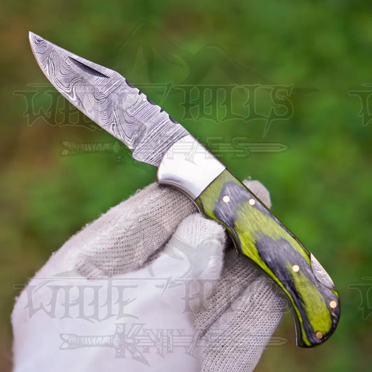 6.5’’ Handmade Damascus Pocket Knife with Clip - Green Wood Handle WH 5041-CP Folding Knife