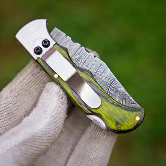 6.5’’ Handmade Damascus Pocket Knife with Clip - Green Wood Handle WH 5041-CP Folding Knife