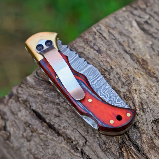 6.5’’ Handmade Damascus Pocket Knife with Pocket Clip - Stained Wood Handle WH 5028-CP Folding Knife
