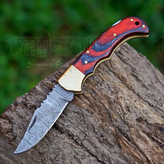 6.5’’ Handmade Damascus Pocket Knife with Pocket Clip - Stained Wood Handle WH 5028-CP Folding Knife