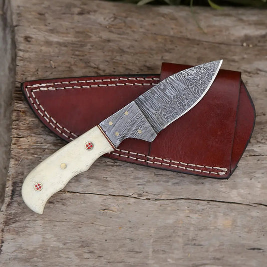 7.25 Hand Forged Damascus Steel Full Tang Skinner Knife - Camel Bone Handle