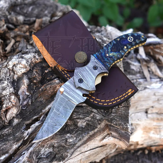 7’’ Handmade Damascus Pocket Knife With Clip - Blue Pakka Wood Handle Bolster Wh 3531 -Cp Folding