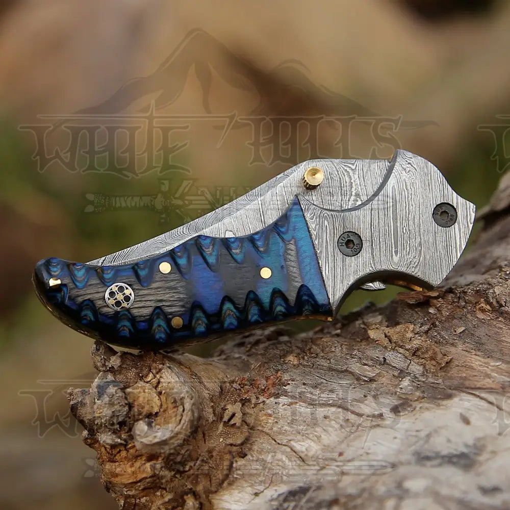 7’ Handmade Forged Damascus Pocket Folding Knife - Blue Pakka Wood Handle Bolster Wh 3531