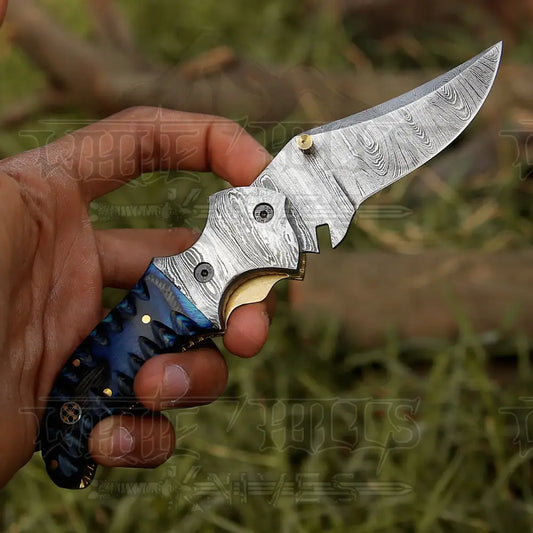 7’ Handmade Forged Damascus Pocket Folding Knife - Blue Pakka Wood Handle Bolster Wh 3531