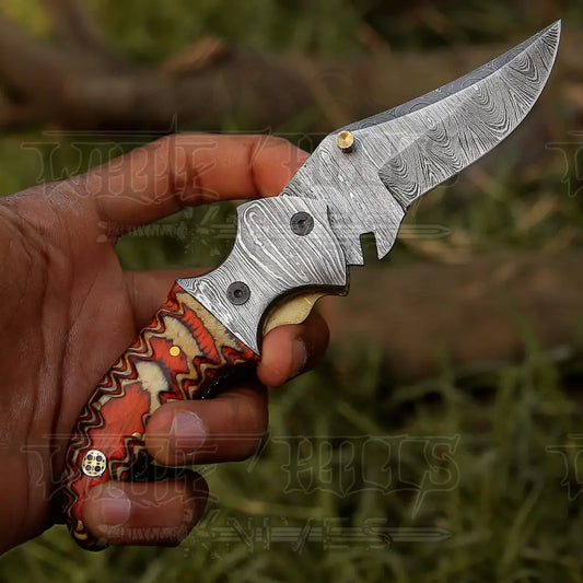 7’ Handmade Forged Damascus Pocket Folding Knife - Orange Pakka Wood Handle Bolster Wh 3533