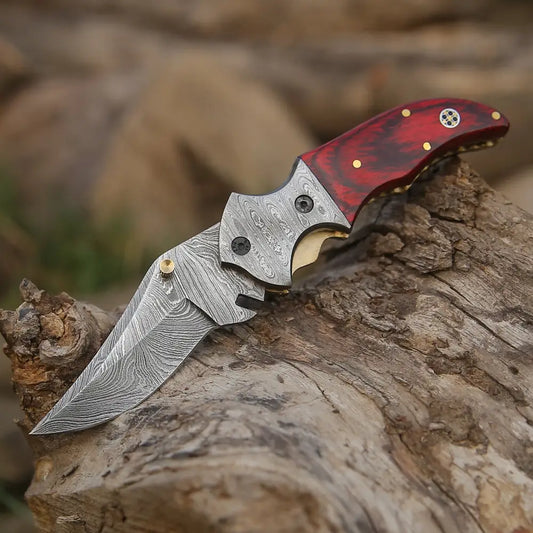 7’ Handmade Forged Damascus Pocket Folding Knife - Pakka Wood Handle Bolster Wh 3538