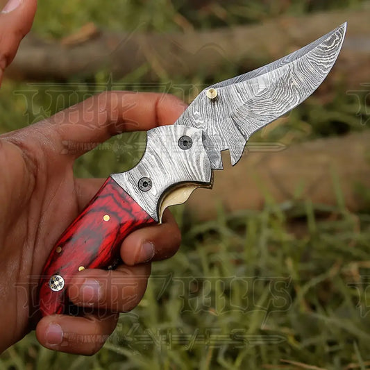 7’ Handmade Forged Damascus Pocket Folding Knife - Pakka Wood Handle Bolster Wh 3538
