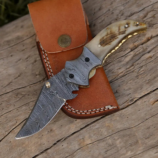 7 Handmade Forged Damascus Pocket Folding Knife - Ram Horn Handle Bolster Wh 3529