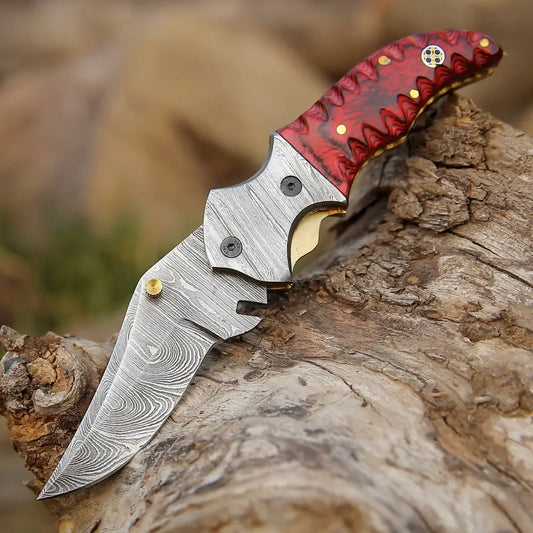 7’ Handmade Forged Damascus Pocket Folding Knife - Red Pakka Wood Handle Bolster Wh 3534