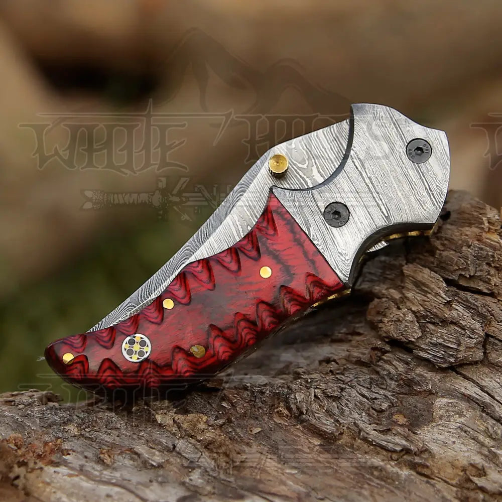 7’ Handmade Forged Damascus Pocket Folding Knife - Red Pakka Wood Handle Bolster Wh 3534
