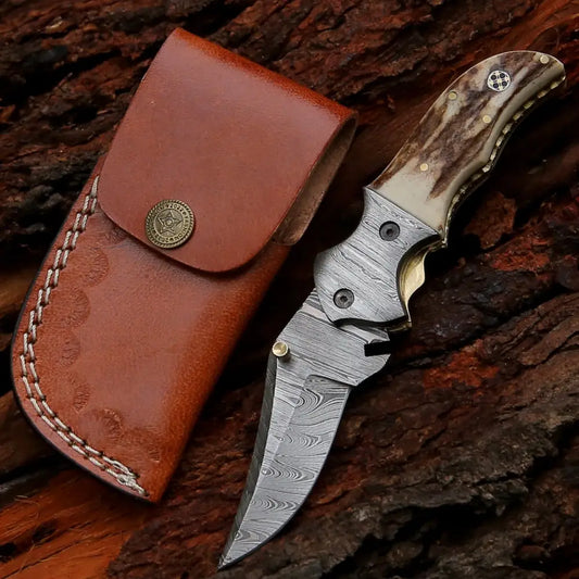 7 Handmade Forged Damascus Pocket Folding Knife - Stag Antler Handle Bolster Wh 3530