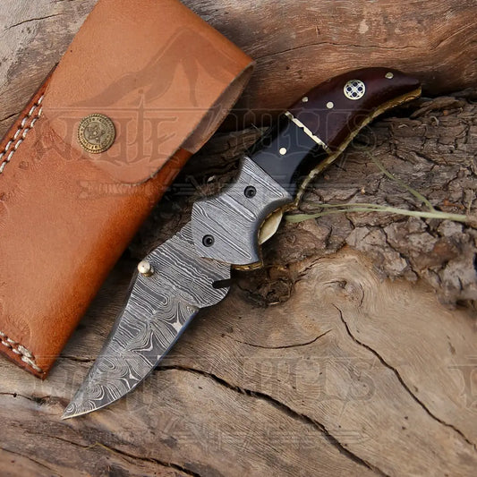7 Handmade Forged Damascus Pocket Folding Knife - Wood & Bull Horn Handle Bolster Wh 3528