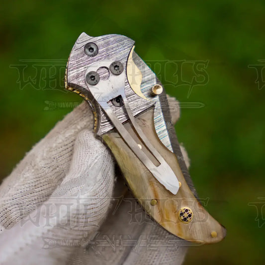7’’ Handmade Forged Damascus Pocket Knife with Pocket Clip - Ram Horn Handle - Damascus Bolster WH 3529-CP Folding Knife