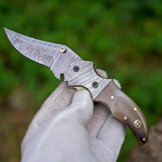 7’’ Handmade Forged Damascus Pocket Knife with Pocket Clip - Ram Horn Handle - Damascus Bolster WH 3529-CP Folding Knife