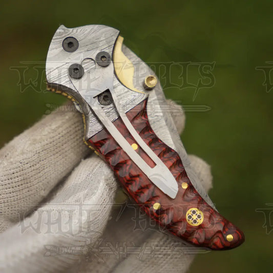 7’’ Handmade Forged Damascus Pocket Knife with Pocket Clip - Red Pakka Wood Handle - Damascus Bolster WH 3534-CP