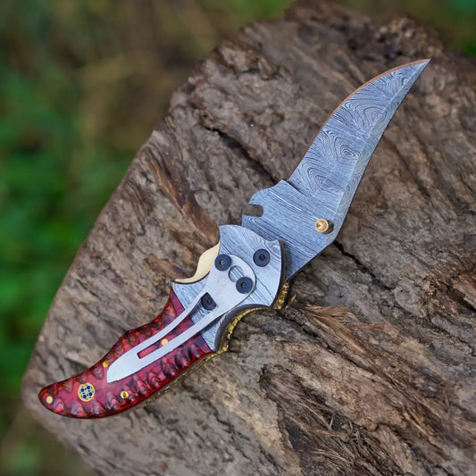 7’’ Handmade Forged Damascus Pocket Knife with Pocket Clip - Red Pakka Wood Handle - Damascus Bolster WH 3534-CP
