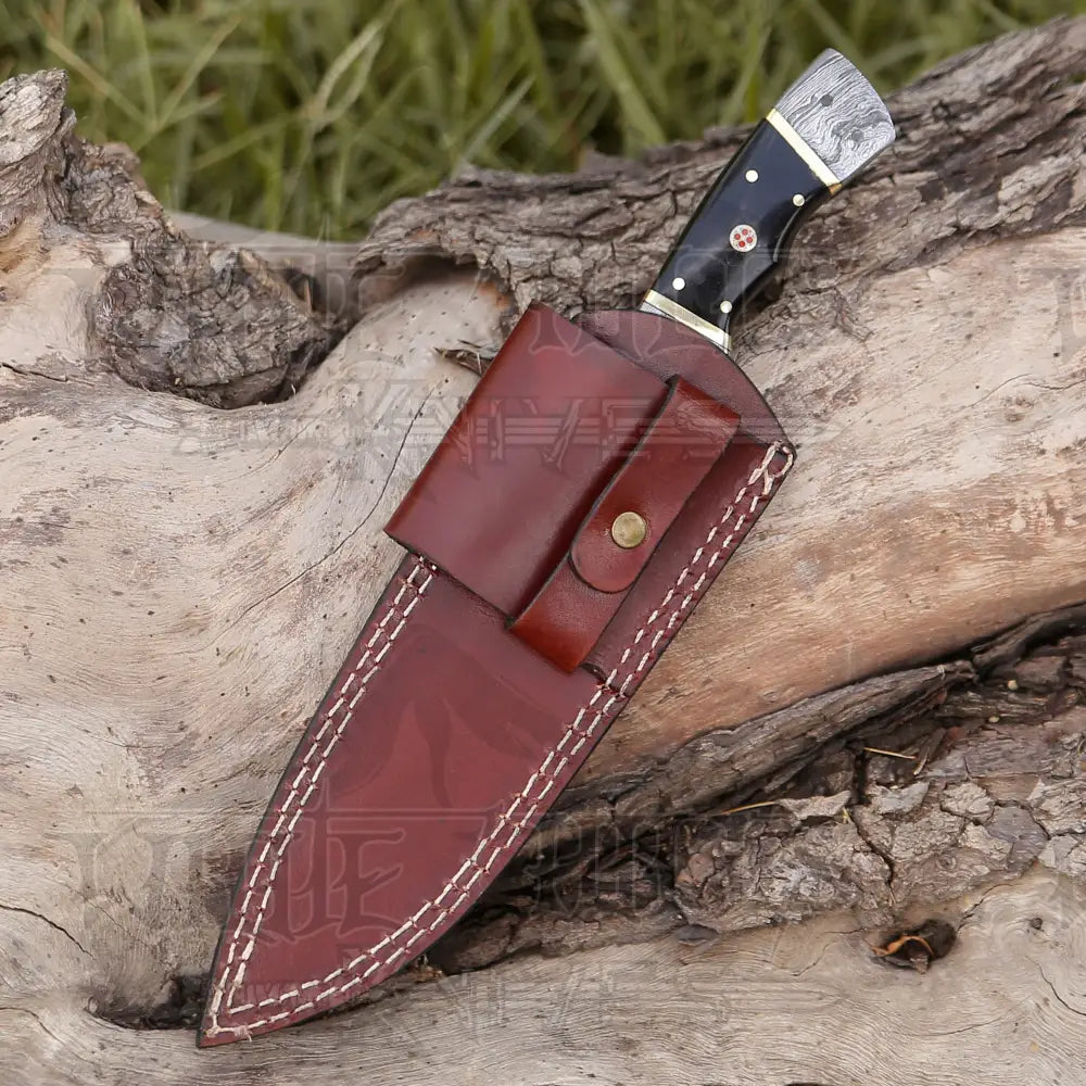 8.5 Hand Forged Damascus Steel Full Tang Skinner Knife - Buffalo Horn Handle H 020