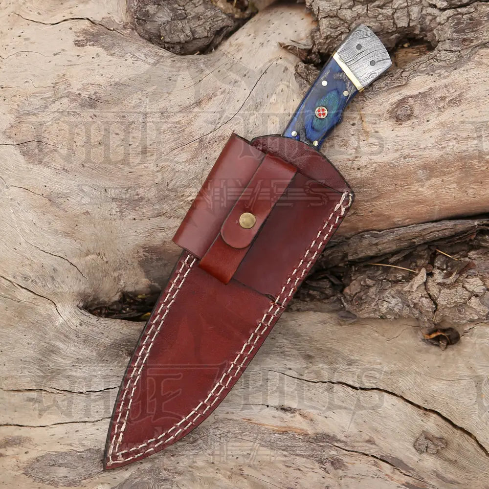 8.5 Hand Forged Damascus Steel Full Tang Skinner Knife - Colored Wood Handle H 019