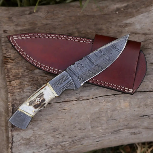 8.5 Hand Forged Damascus Steel Full Tang Skinner Knife - Stag Antler Handle H 018