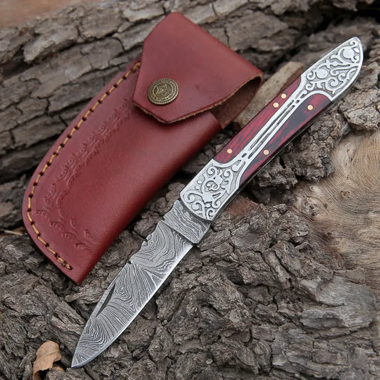 8 Handmade Red Dollar Sheet Handle Folding Pocket Knife With Engraved Frame Work