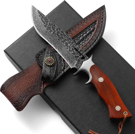 Damascus Hunting Knife - Fixed Blade Wooden Handle Hunting Knife - Damascus Steel Camping knives Comes with a Holster White Hills Knives